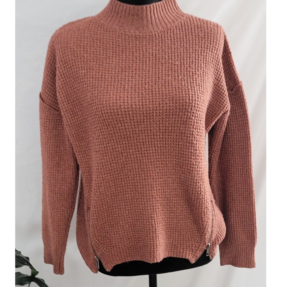 Pink Rose Womens Rust Waffle Knit Mock Neck‎ Side Zip Sweater Medium
